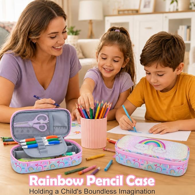 RHCPFOVR Kids Pencil Case for Girls-Soft Zipper Large Capacity Pencil Pouch for Girls Pencil Case for School Pencil Bag for Toddler (Pink-Rainbow)