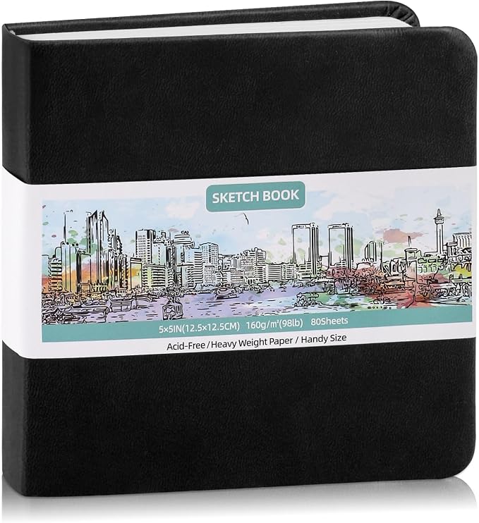 Prudiut Pocket Sketchbook 5 x 5 in, Hardcover, 80 Sheets, Black | 160gsm acid-free paper, elastic closure and ribbon bookmark, compact travel size for sketching on the go