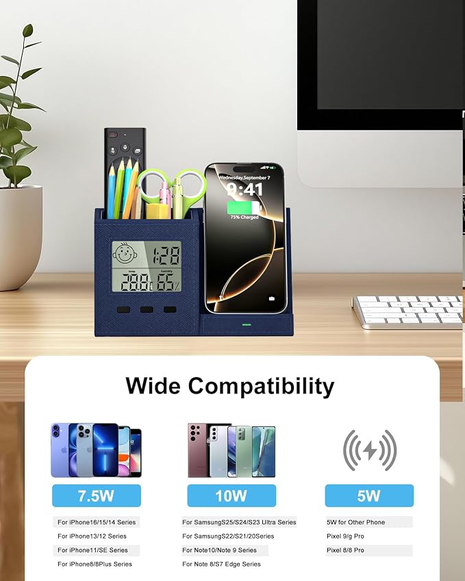 Desk Organizer with Wireless Charger, Digital Clock, Thermometer & Hygrometer - Multi-Functional Pencil Holder, Office Desk Accessories Storage Caddy for Home, Office, Men, Women (Battery Included)