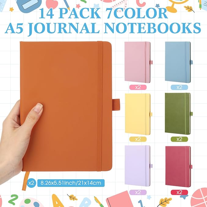 Laumoi 14 Pack Hardcover Journal Notebooks Bulk A5/A4/B5 Journaling Notebook Wide Ruled PU Leather Ruled Lined Journals with Pen Holder for School Business Work Writing (Elegant Color,A5)
