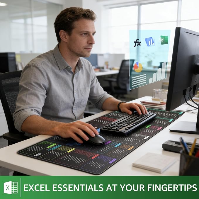 KTRIO Excel Shortcuts Mousepad, Desk Mat, 31.5 x 11.8 in, XL | Smooth Micro-Weave Surface, Shortcut Reference, Non-Slip Rubber Base, Durable Stitched Edges, Office & Home Use