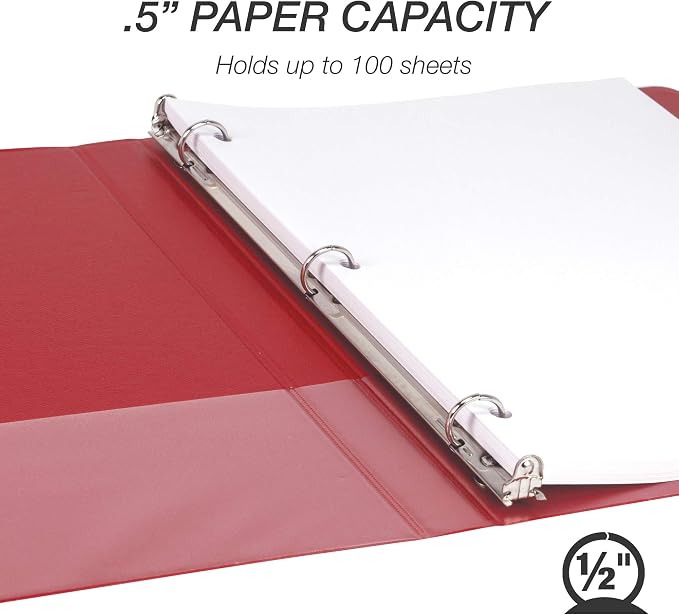 Samsill 8 Pack Durable 0.5 Inch 3 Ring Binders, Round Ring, Clear View Cover for Presentations, Red