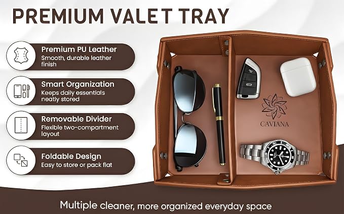Valet Tray Organizer for Men & Women - PU Leather Catch All Tray with Removable Divider - EDC Storage for Keys, Watch, Phone - Nightstand, Dresser & Desk Organizer - Saddle Tan