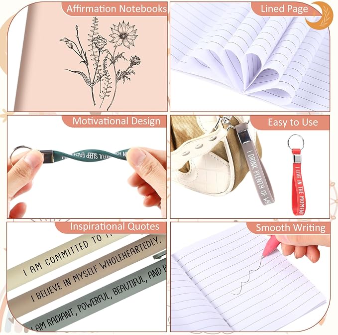 Mooliwe 24 Set Positive Affirmation Gift Set Gratitude Notebooks with Pens Keychains Small Bags Motivational Party Favors for Adult Women Coworkers Employee Group (Fresh)