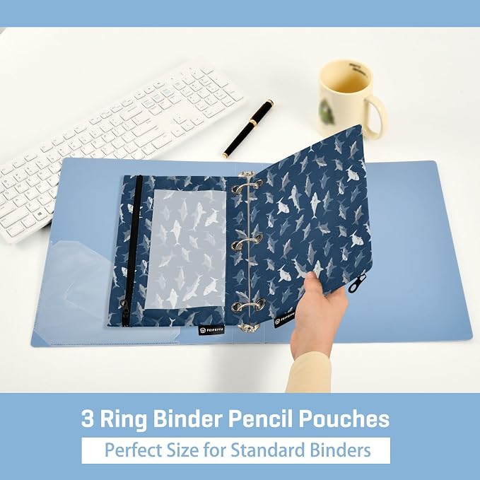 ALAZA Pencil Pouch for 3 Ring Binder, Blue Ocean Sea Shark Fish Binder Pencil Pouches with Clear Window Zipper Pencil Case Cosmetic Bags for Office College Supplies, 2PCS