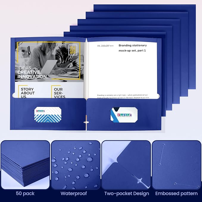 BIBRADAA® 50 Packs Blue Two Pocket Folders Surface with Waterproofing,Letter Size,Holds 100 Plus Sheets,for School,Office,Business. (50, Blue)