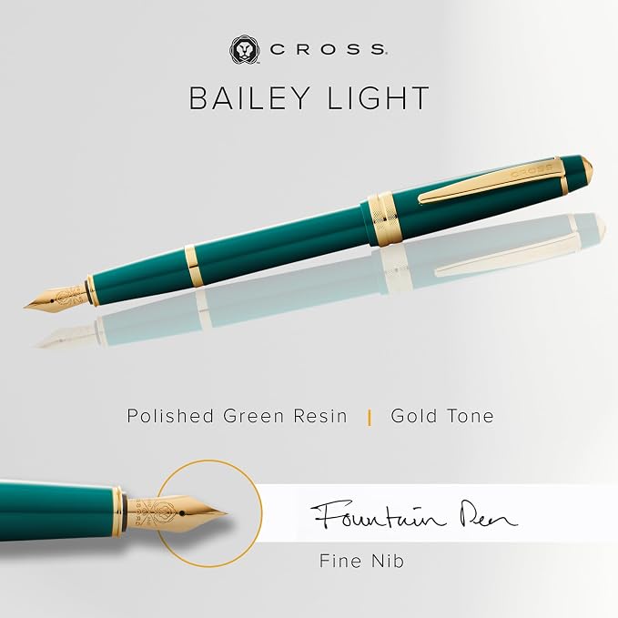 Cross Bailey Light Refillable Fountain Presented in a Everyday Gift Box - Medium Point, Black Ink, Polished Green