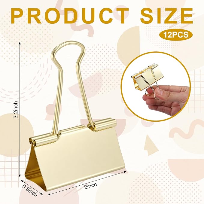 Frienda 12 Pack 2 Inch Extra Large Binder Clips Big Paper Clamps Metallic Large Paper Clips with Grip Reusable Office Organization Supplies for School Office Home (Gold)