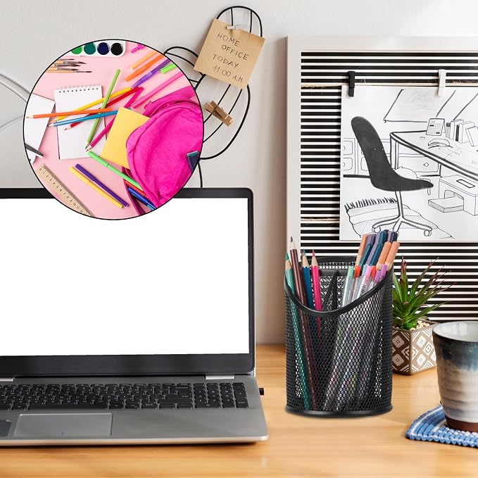 Delifox 2 Pack Pen Holder Mesh Round Pencil Holder Desktop Organizer 3 Compartments, Black