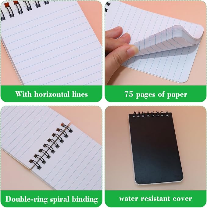12 Pack mini Spiral Steno Pads,3x5 Inch Small Pocket Notebooks,75 Sheets/150 Pages College Ruled Lined Note Pads For Kids Adults Outdoor,Home,School,Office (Black)
