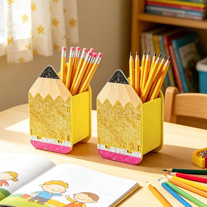 JarThenaAMCS 2 Pcs Back to School Glitter Pencil Shaped Pencil Holder Wooden Dispenser Pen Storage Container Box for Classroom Teacher Appreciation Student Desk Organization Supplies