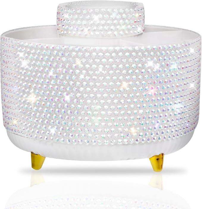 Bling Silver Rhinestone Desk Organizer with 5 Slots 360 Degree Rotating, Bling Pen Holder Makeup Brush Holder for Women, Silver Rhinestone Office Accessories