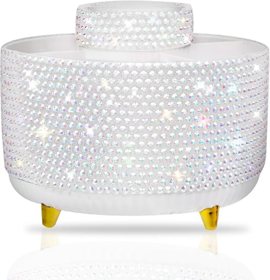 Bling Silver Rhinestone Desk Organizer with 5 Slots 360 Degree Rotating, Bling Pen Holder Makeup Brush Holder for Women, Silver Rhinestone Office Accessories