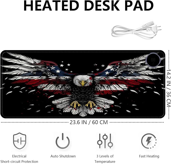 Heated Mouse Pad with 3 Levels Heated & 3 Hours Auto Shut-Off Mouse Pad for Warming Hands in Office Home, 23.6" x 14.2"Large Safe Desk Mat Hand Warmer，Flying Flag Eagle