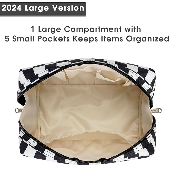 Narwey Checkered Makeup Bag Travel Cosmetic Bag Organizer Toiletry Bag Make Up Bags with Compartments for Women Girls (Large, Black Checkerboard)