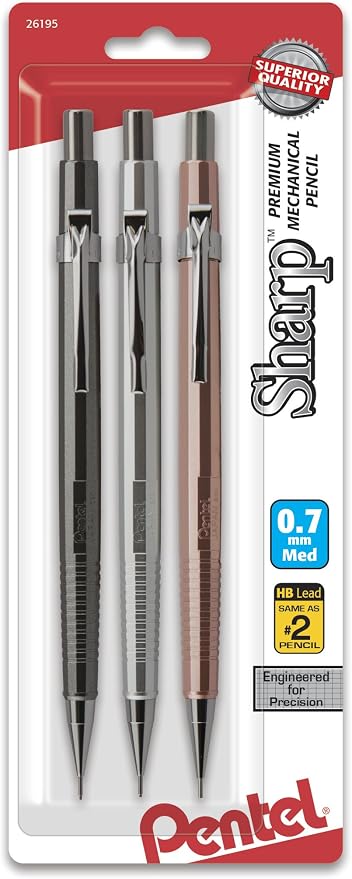 Pentel Sharp Mechanical Pencil, (0.7mm), Medium Line, Metallic Barrel, Assorted Colors, Pack of 3 (P207MBP3M)