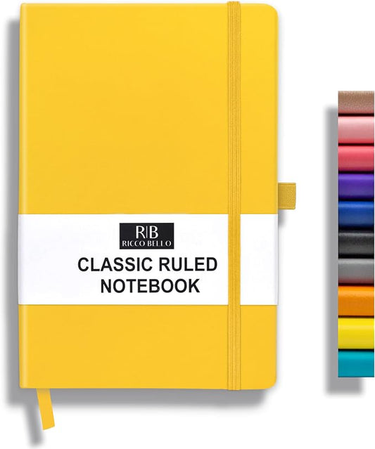 RICCO BELLO Lined Journal Notebook, Faux Leather Hardcover, Yellow | Pen Holder, College Ruled, 96 Sheets / 192 Pages, 5.7 x 8.4 Inches, For Work & Notes