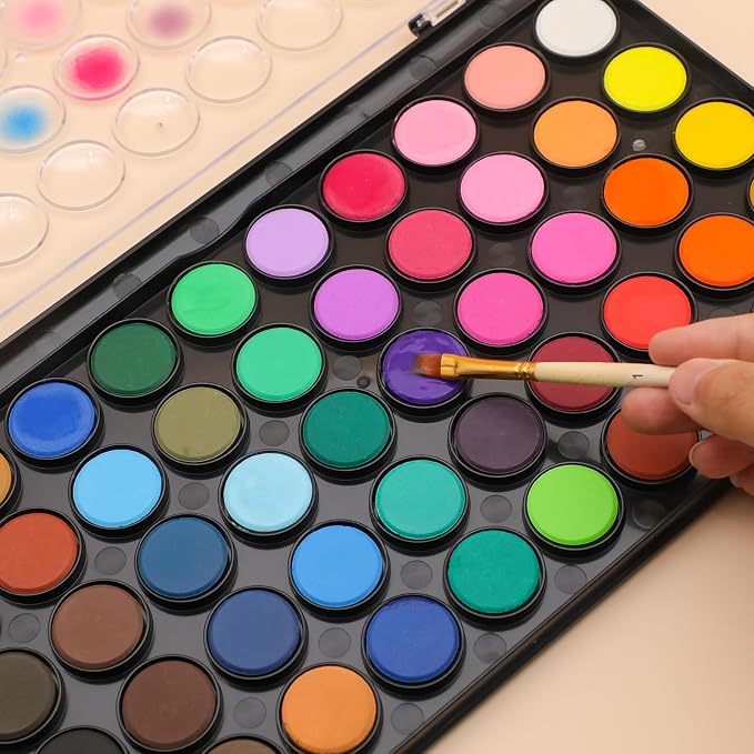 Artecho 48 Colors Watercolor Paint Set, Portable Travel Watercolor Cake Kit with 3 Brushes, Easy-Clean Washable Paint for Card Making, Illustrations, Painting, Calligraphy