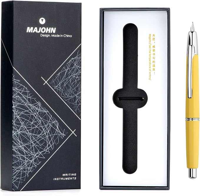 erofa Majohn A2 Press Fountain Pen Extra Fine Nib with Box, Retractable Yellow Resin Ink Pen with Converter Writing Pen Set (Silver Clip Version