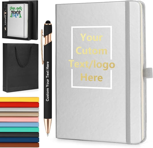 ENOMY Personalized A5 Notebook & Pen Set Custom PU Leather Journal 200 Lined Pages Custom Notebook with Gift Box Journals for Writing College Birthday Business Gift, Silver