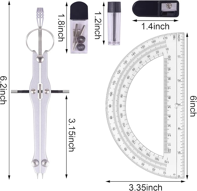 Unjoo Compass and Protractor Set, Math Compass for Geometry (Black) | Professional Drawing Compass Tool, Metal Compass with Extra Refills, 6 Inch Math Protractors 180 Degree, For School, Office