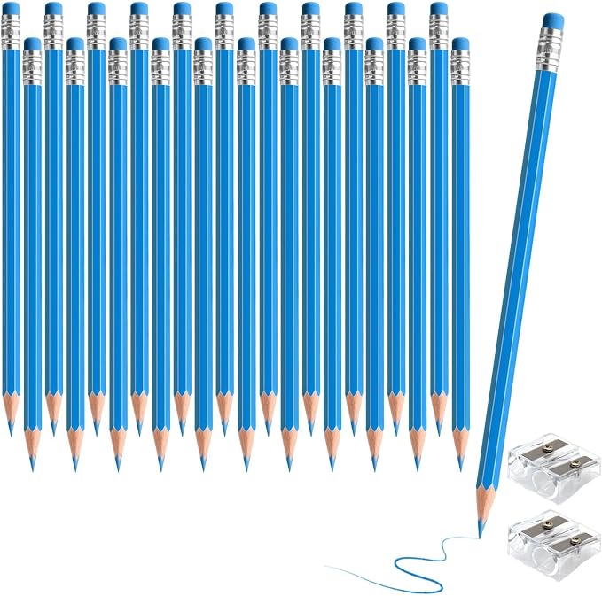 24PCS Erasable Colored Pencils with Eraser Pre Sharpened Pencil 2 HB - Ideal for Checking, Grading, Tests & Office/School Supplies (lightblue)