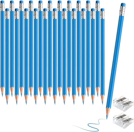 24PCS Erasable Colored Pencils with Eraser Pre Sharpened Pencil 2 HB - Ideal for Checking, Grading, Tests & Office/School Supplies (lightblue)
