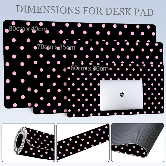 Pink Polka Dot Leather Desk Mat Extended Gaming Mouse Pad | Non-slip Large Writing Pad Laptop Blotter Computer Keyboard Mat | Cute Black Desk Protector for Home Office 27.6" x 13.8"