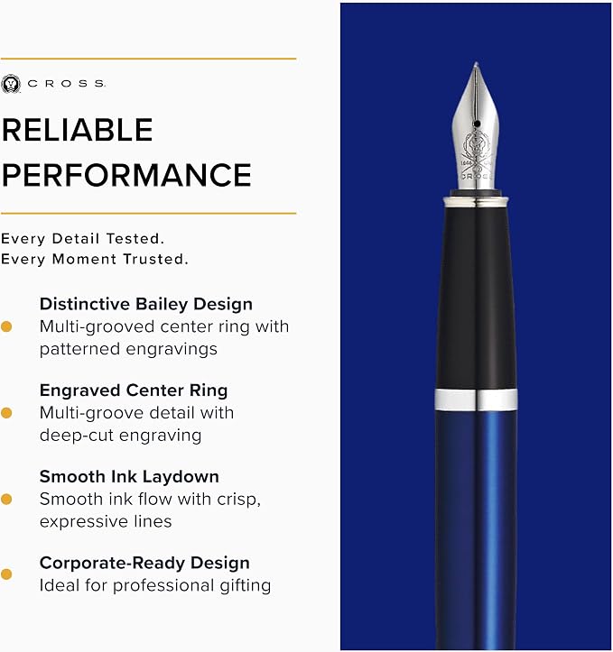 Cross Bailey Blue Lacquer Stainless Steel Medium Nib Fountain Pen - Professional Fountain Pen for Effortless Writing - Refillable - Black Ink - Gift-Ready