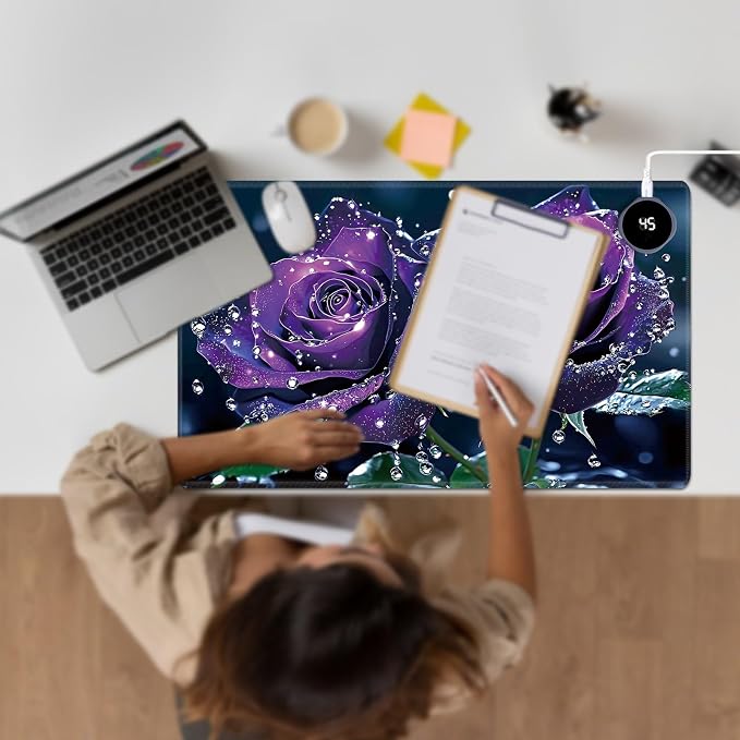 Heated Desk Pad Large Mouse Pad 23.6 x 14.1 inch with 3 Levels Heating & Auto Shut-Off Warm Mouse pad PU Leather Computer Mousepad for Home Office Work - Purple Rose Flower
