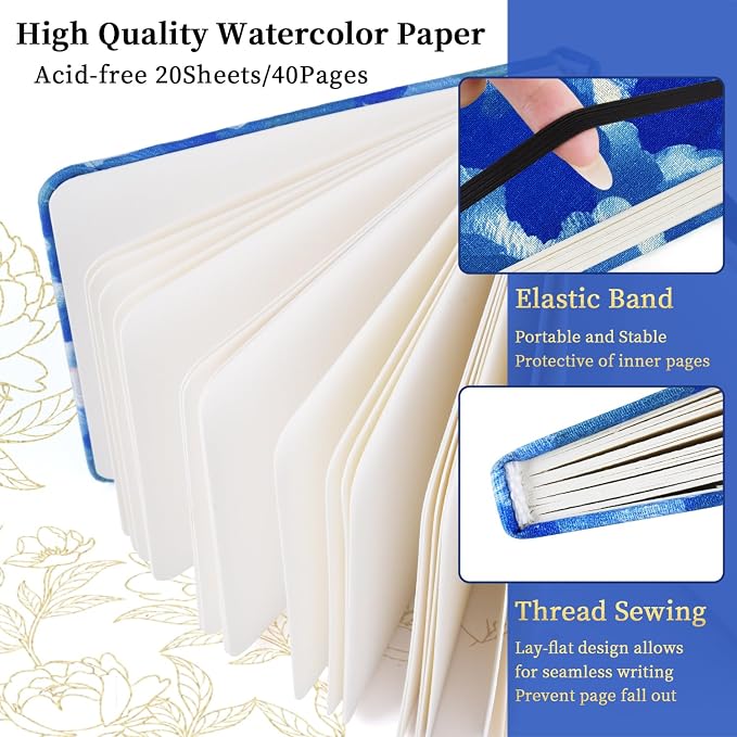 5x5 Handy Portable Handmade Cloth Fabric Hardcover Sewing Binding Travel Watercolor Paper 140LB/300gsm 20Sheets/40Pages Journal Mixed Media Pad Sketchbook. Blue Cloud