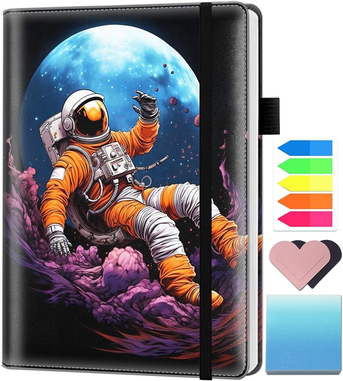 A5 Leather Lined Journal Notebook, 200 Pages Hardcover Executive Notebook for Men Women Office School Note Taking, Thick Writing Paper Daily Journal with Bookmarks/Indexes, Psychedelic Astronaut