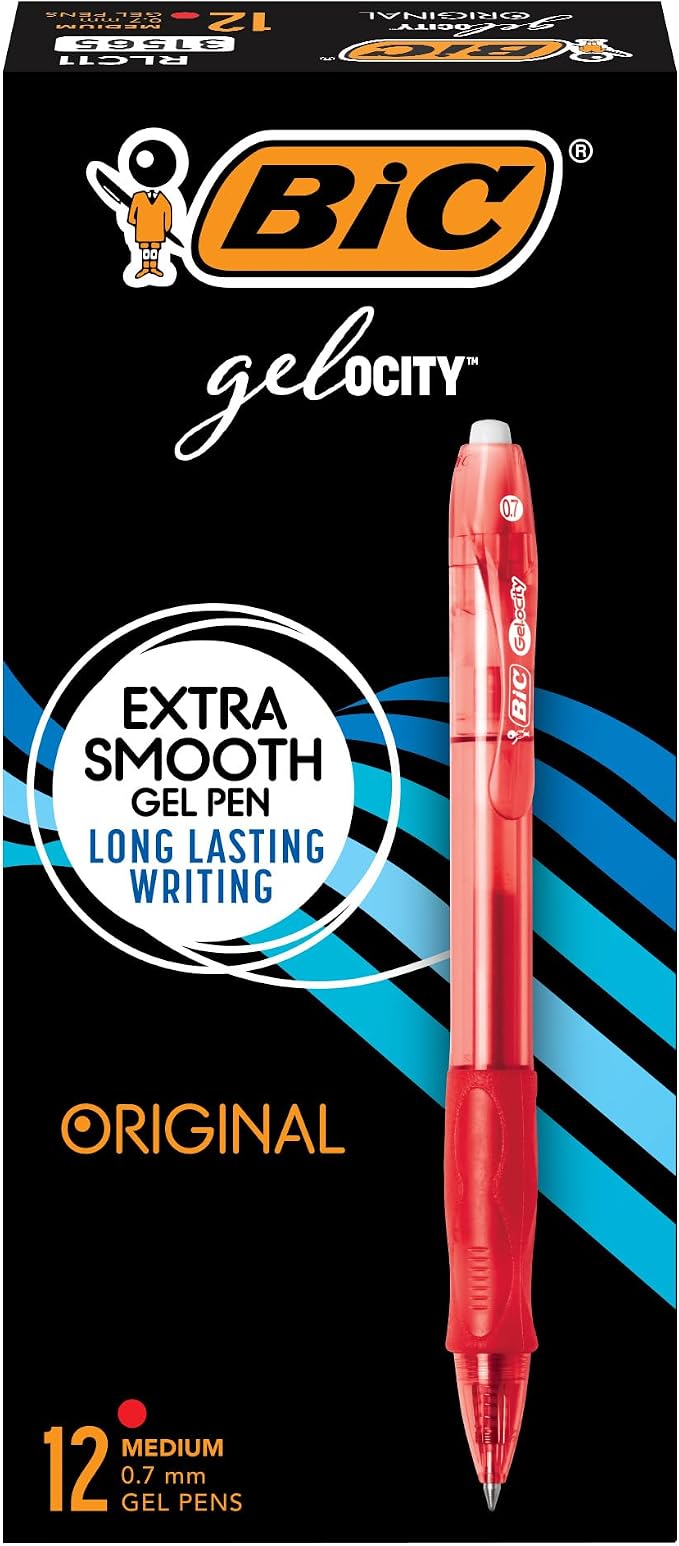 BIC Gelocity Original Red Gel Pens, Medium Point (0.7mm), 12-Count Pack, Retractable Gel Pens With Comfortable Grip