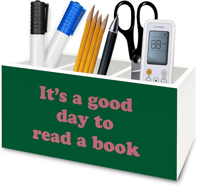 Book Lover Gifts Pen Pencil Holder Organizer for Desk, It's Good Day to Read a Book Bookish Pink and Green Wooden Box Signs Decorations for Reading Room Desk Tabletop, Reader Bookworm Gifts