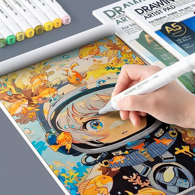 TRANSON A5 Small Sketchbook Marker Pad, 110lb/160gsm Heavyweight Art Paper, No Bleed Through, 65 Sheets/130 Pages 5.8"x8.3" for Drawing & Sketching