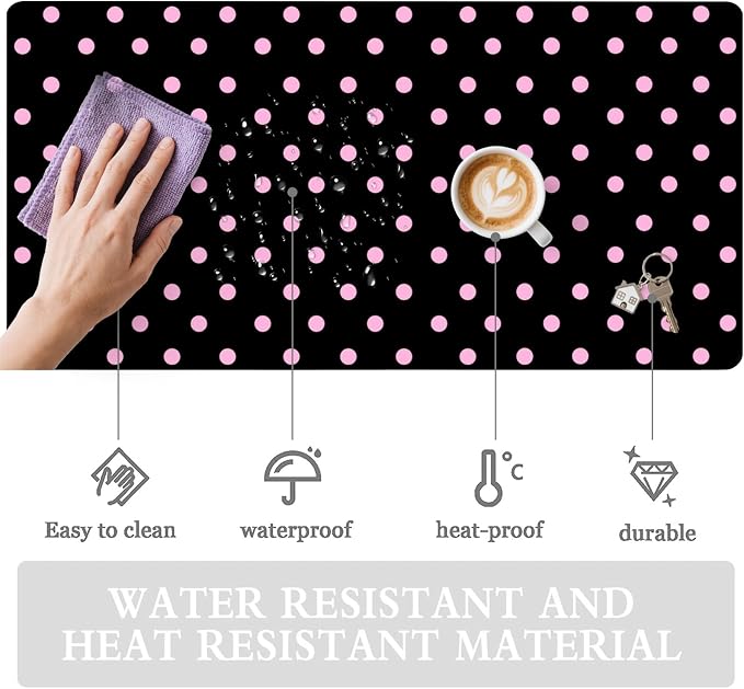 Pink Polka Dot Leather Desk Mat Extended Gaming Mouse Pad | Non-slip Large Writing Pad Laptop Blotter Computer Keyboard Mat | Cute Black Desk Protector for Home Office 23.6" x 11.8"