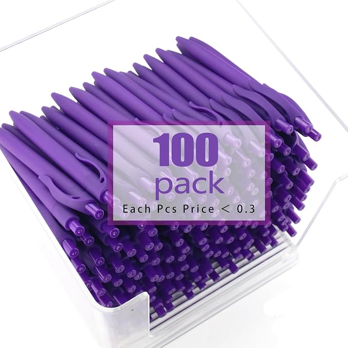 Deegtran Pens Bulk, 100 Pack No Bleed Purple Barrel Click Pens, Wholesale Retractable Ballpoint Pens, Medium Point, Smooth Ink Pens, 1.0MM Black Ink