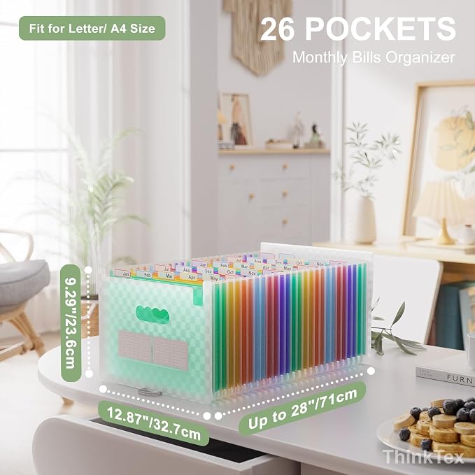 ThinkTex Accordion File Organizer, 26 Pockets Expanding File Folders,Green | Monthly Bill Receipt Documents Organizer, A-Z Colorful Tabs, Letter/A4 Size for Classroom Office Organization Home Hospital