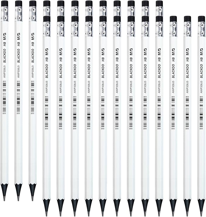 M&G BLACKOO Series HB Wood-Cased Pencils, 24-Pack Pre-Sharpened with Top Erasers, Bulk Black Pencils for School, Teachers, Writing, Drawing and Sketching (White)