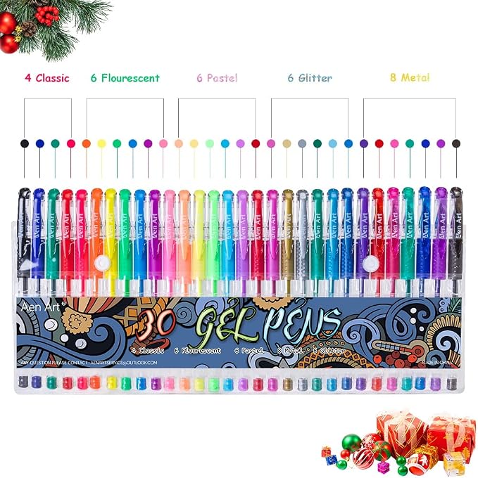 Aen Art Gel Pens for Adult Coloring Books, 30 Colors Fine Point Gel Marker Pen with 40% More Ink for Drawing, Bullet Journaling, School Craft Supplies