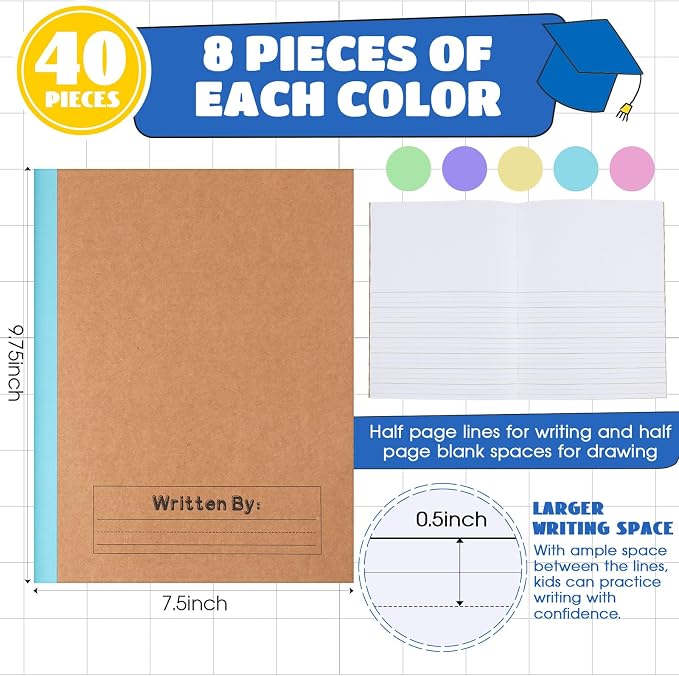 Henoyso 40 Pack Primary Composition Notebook, 9-3/4" x 7-1/2", Kids Primary Journal, K-2 Writing Notebook for Kids Student Draw Write Story Journal Half Blank Books(Macaron Color)