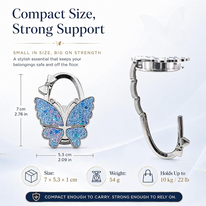 Purse Hook for Table, Foldable Handbag Hanger for Women, Portable Bag Holder with Non-Slip Base, Cute Star Blue Butterfly Purse Table Hook for Restaurant Office Travel Gift