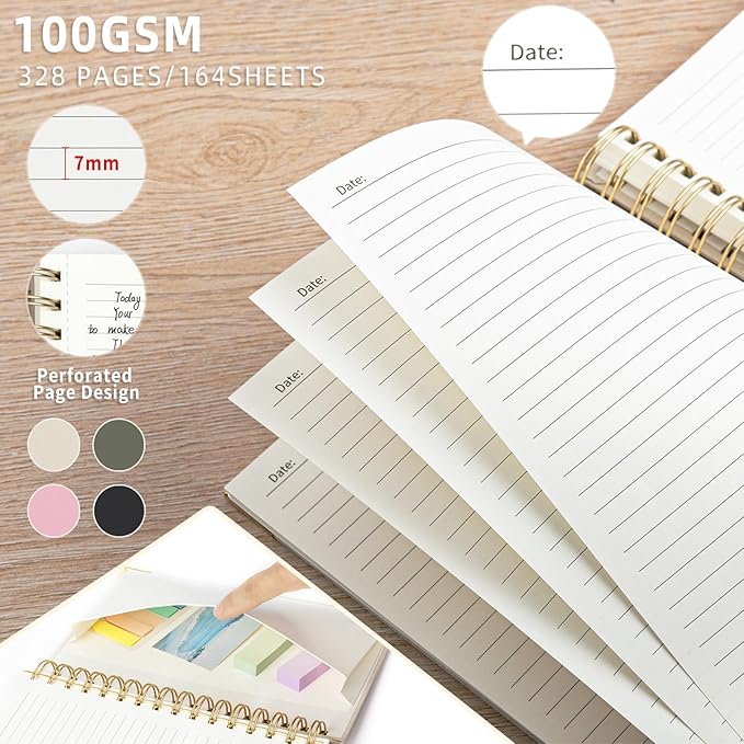 Spiral Notebook Journal, 328 Pages Linen Hardcover College Ruled Notebook, Lined Thick Journals for Women Men, A5 Thick Spiral Journal for Writing, 100GSM Paper, Cute Notebooks for Work School