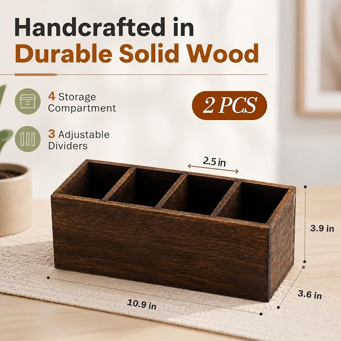 Dicunoy 2 Pack Wooden Pencil Holder for Desk, Rustic Wood Remote Control Holder Caddys, Retro Table Organizer with 4 Compartments for Art Supplies, Pen, Home, Office, School Classroom