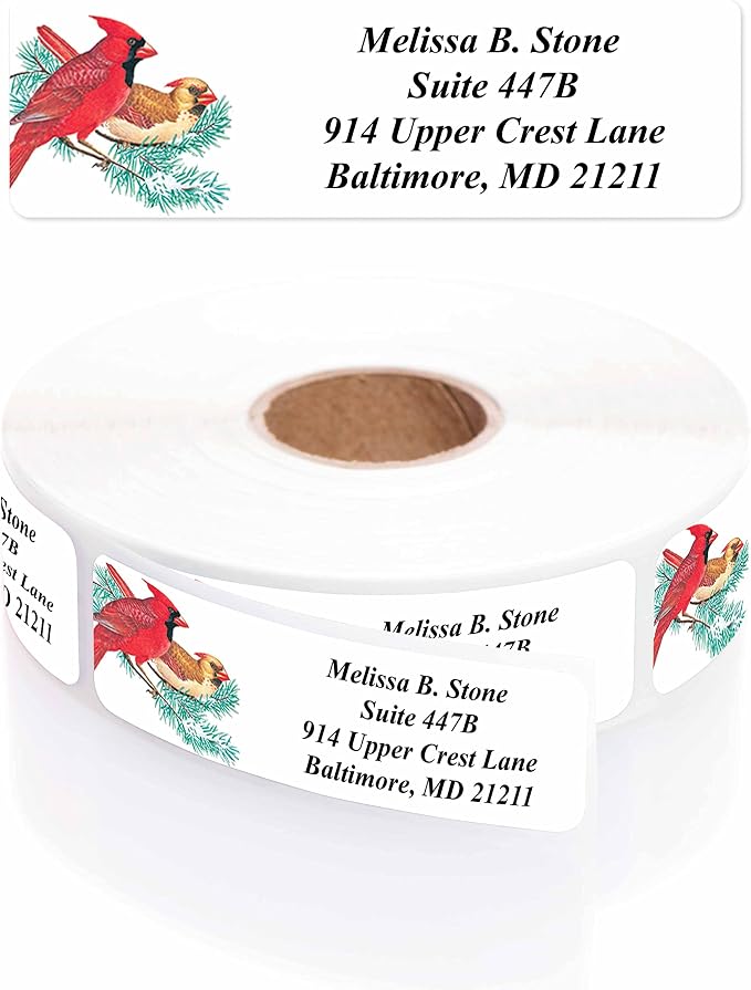 Cardinals on a Twig Designer Rolled Address Labels with Elegant Plastic Dispenser