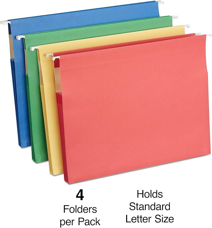 Staples Hanging File Folders, Letter Size, 3.5‑Inch Expansion, 5‑Tab Assorted Colors, Heavy‑Duty Design – 12/Carton