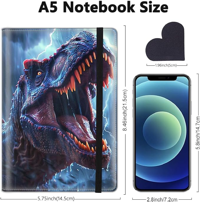 A5 Leather Lined Journal Notebook, 200 Pages Hardcover Executive Notebook for Men Women Office School Note Taking, Thick Writing Paper Daily Journal with Bookmarks/Indexes,Dinosaur