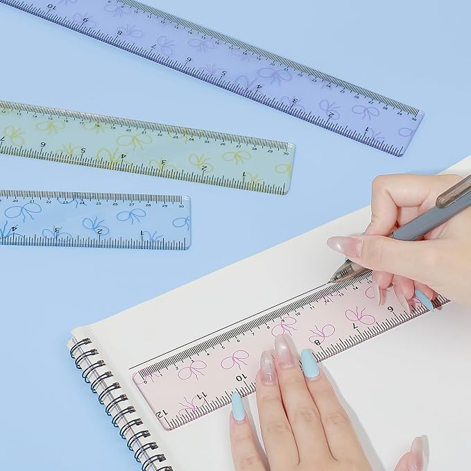 BAYTORY 4Pcs Transparent Acrylic Ruler 12 Inch, Plastic Straight Rulers | Shatterproof Student Stationery Centimeters with Inches, for Classroom Essentials School Supplies (Bowknot 12 Inch)