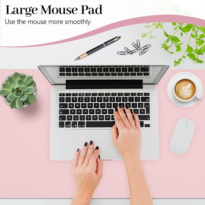 Pink Leather Desk Mat Large Mouse Pad, Waterproof Desk Pad for Keyboard and Mouse, Non-Slip Computer Desk Protector, Smooth Mouse Movement Desk Mat for Home and Office(35.4"×17")