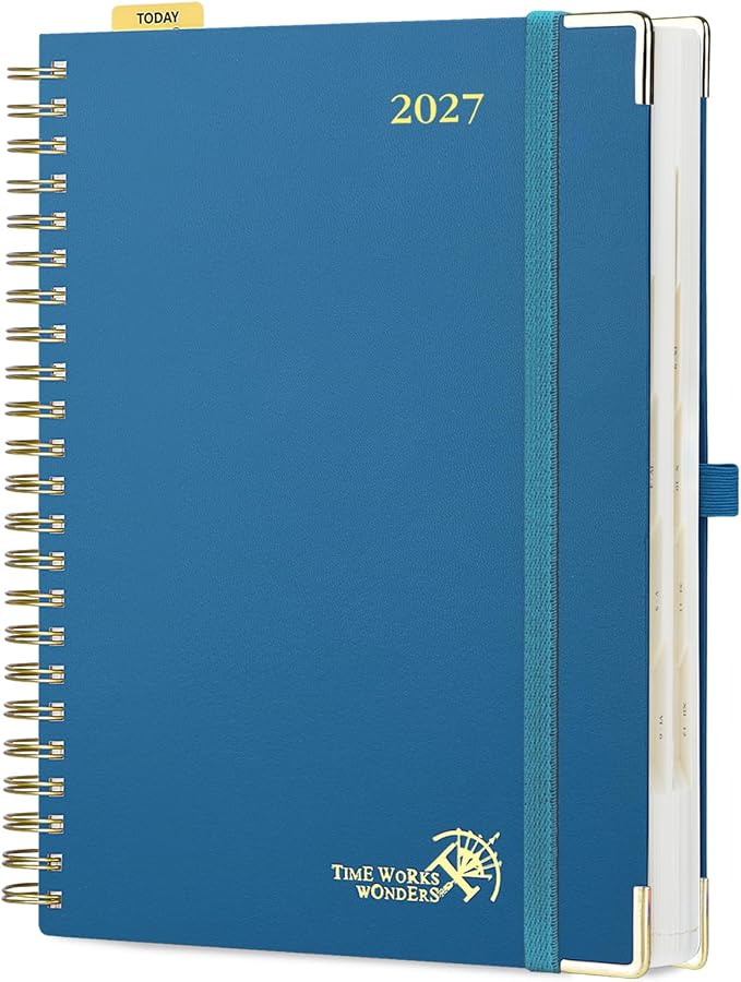 POPRUN 2027 Daily Planner One Page Per Day, Large 8.5" x 12", Calendar Book from Jan 2027 - Dec 2027, Hardcover Appointment Book with Hourly Time Slots, Spiral Bound, Monthly Tabs - Night Sky Blue